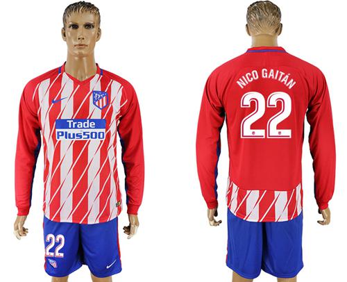 Atletico Madrid #22 Nico Gaitan Home Long Sleeves Soccer Club Jersey - Click Image to Close